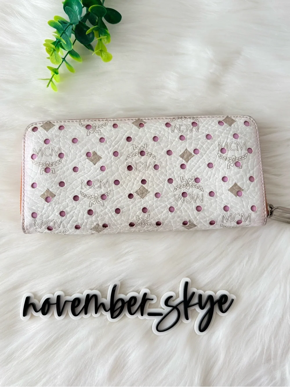 MCM Monogram White Perforated Zip Wallet with Purple Liner. LIMITED EDITION!